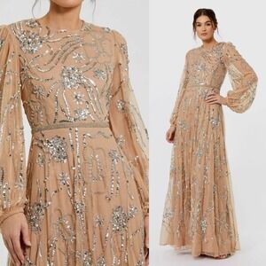 Mac Duggal Beige Embellished High Neck‎ Puff Sleeve Gown $698 - Size 14